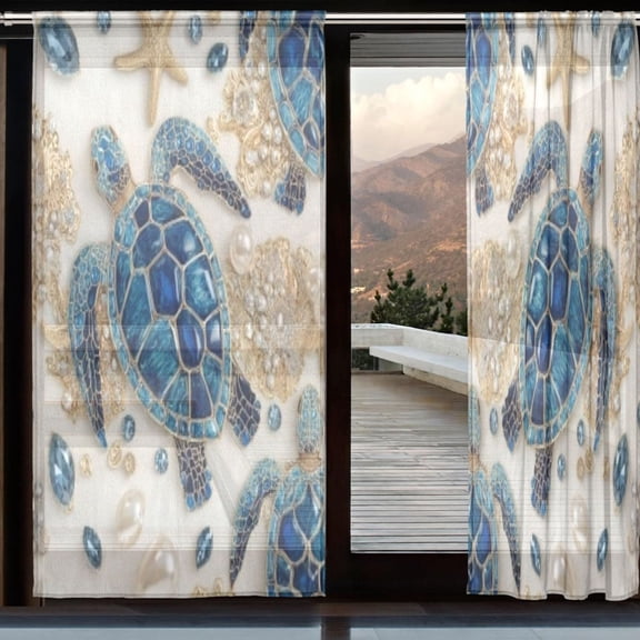 BZSMCE Window Curtain Panels Set Of 2 In Cobalt Embellished Turtle Printed