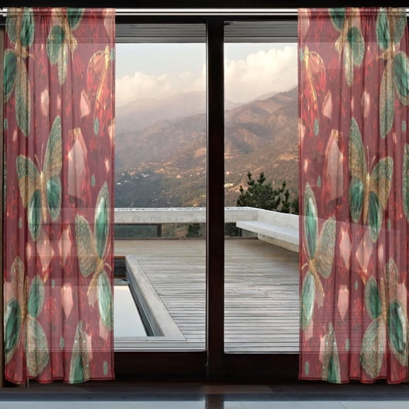 BZSMCE Window Curtain Panels Set Of 2 In Emerald Butterflies on Ruby Printed