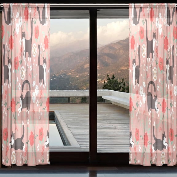 BZSMCE Window Curtain Panels Set Of 2 In Floral Feline Frolic Printed
