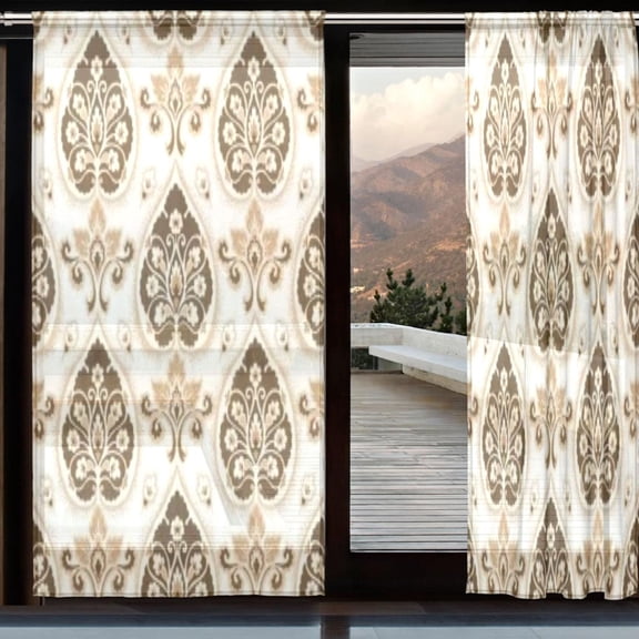 BZSMCE Window Curtain Panels Set Of 2 In Gold Cream Ornate Damask Printed