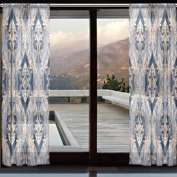 BZSMCE Window Curtain Panels Set Of 2 In Indigo Damask Bloom Printed