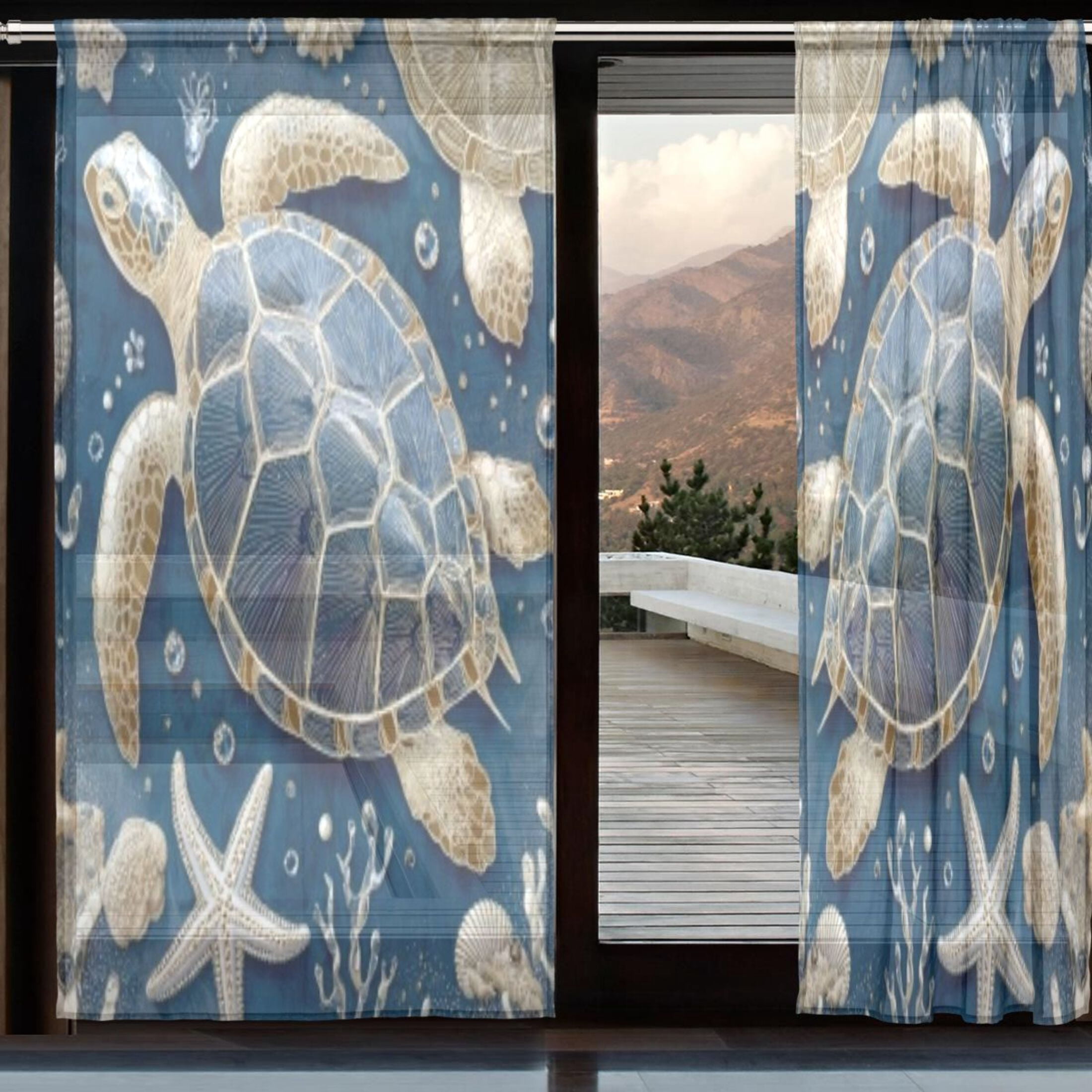 BZSMCE Window Curtain Panels Set Of 2 In Navy Beaded Sea Turtle Printed