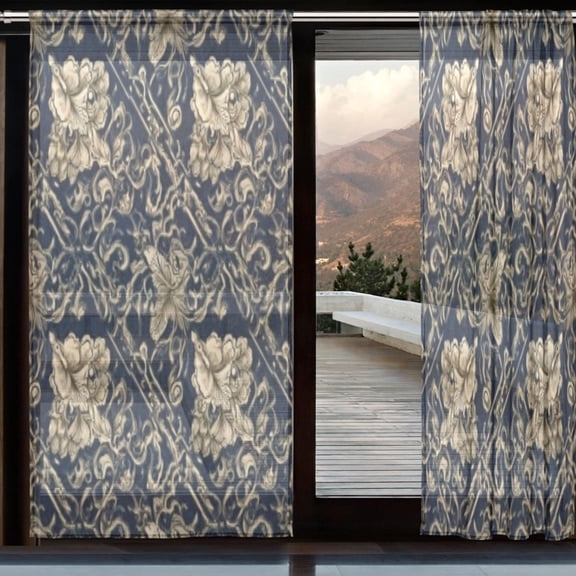 BZSMCE Window Curtain Panels Set Of 2 In Navy Gold Damask Printed