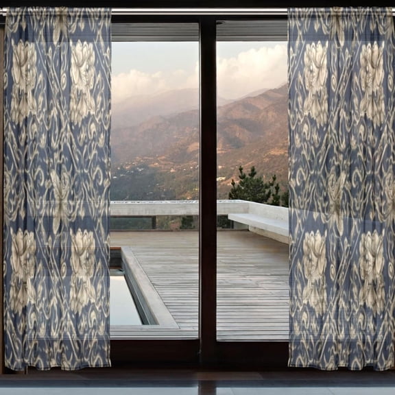 BZSMCE Window Curtain Panels Set Of 2 In Navy Gold Damask Printed