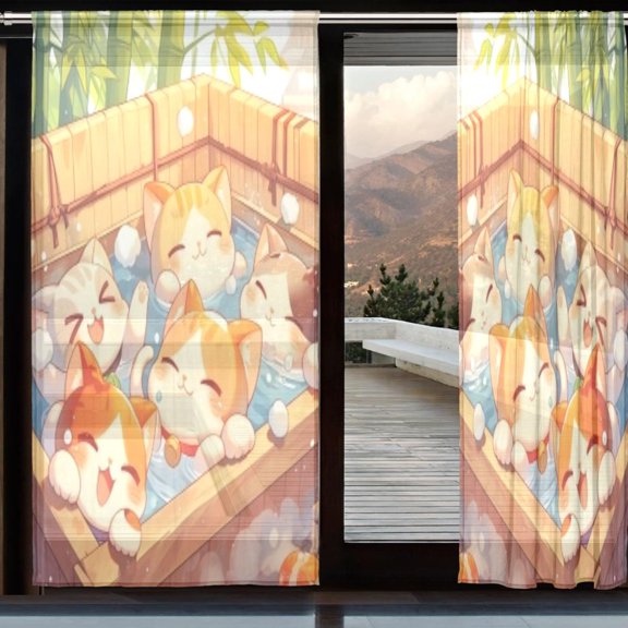BZSMCE Window Curtain Panels Set Of 2 In Onsen Cats Bubbles Printed