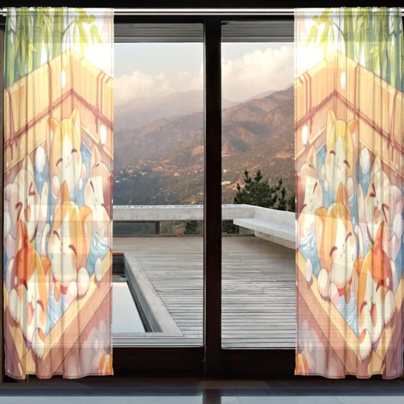 BZSMCE Window Curtain Panels Set Of 2 In Onsen Cats Bubbles Printed