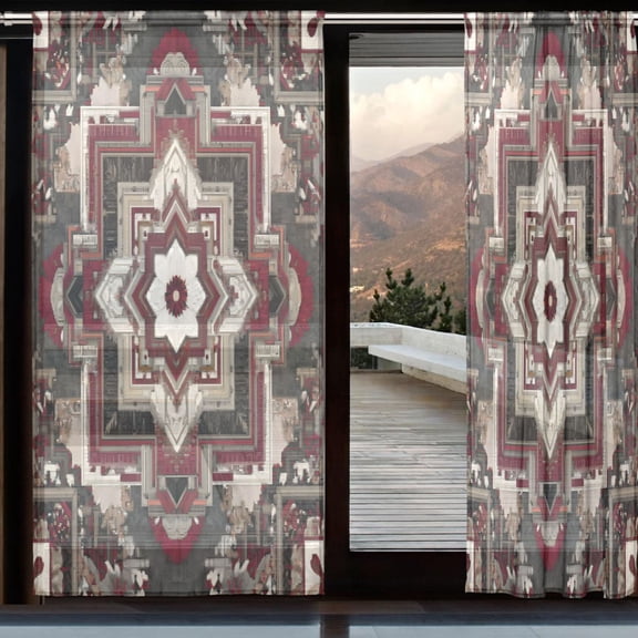BZSMCE Window Curtain Panels Set Of 2 In Ornate Maroon Medallion Printed