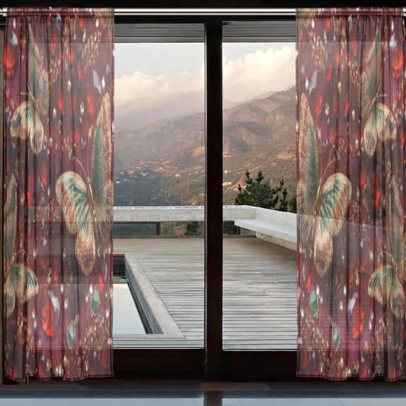 BZSMCE Window Curtain Panels Set Of 2 In Ruby Butterflies Printed