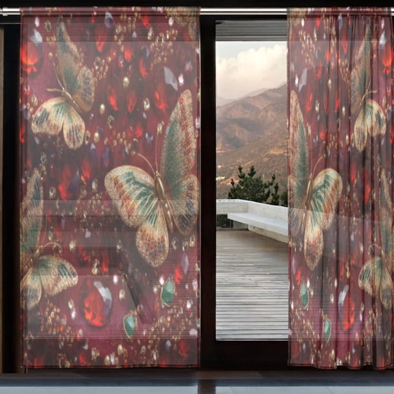 BZSMCE Window Curtain Panels Set Of 2 In Ruby Butterflies Printed