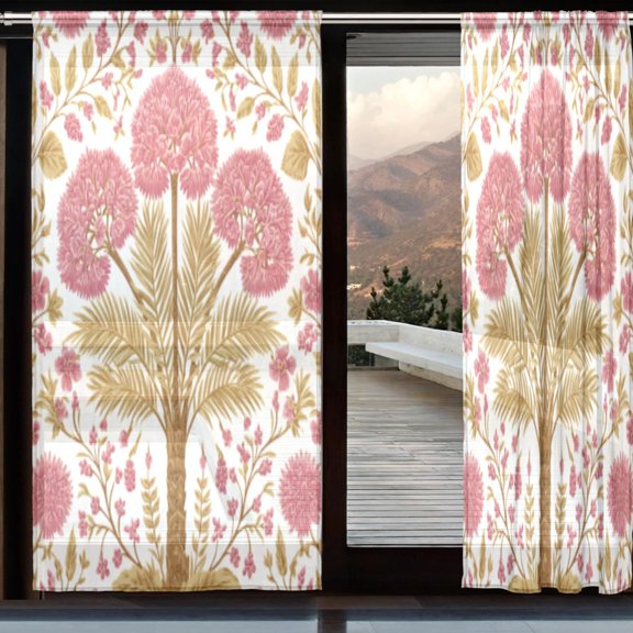 BZSMCE Window Curtain Panels Set Of 2 In Sunlit Tree Of Pink Blossoms Printed
