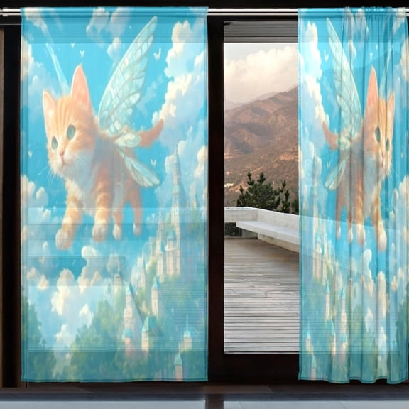 BZSMCE Window Curtain Panels Set Of 2 In Sunlit Winged Kitten Printed