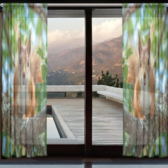 BZSMCE Window Curtain Panels Set Of 2 In Sunny Branch Squirrel Printed
