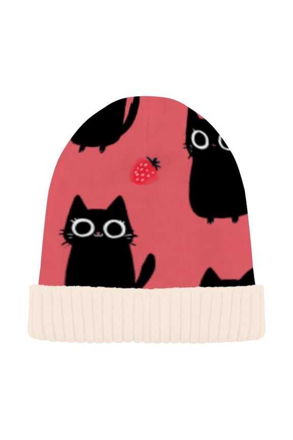 Winter Beanie Hats Casual Warm Cozy CapCat & Strawberry Pink Fun Pattern