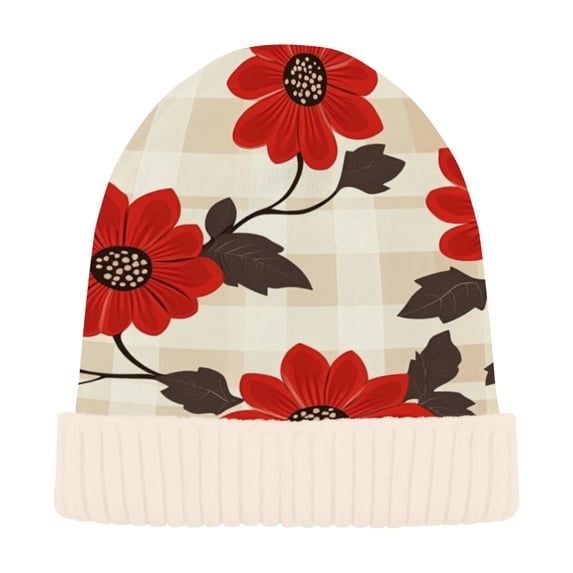 BZSMCE Winter Beanie Hats Casual Warm Cozy CapCherry Blossom Check Pattern