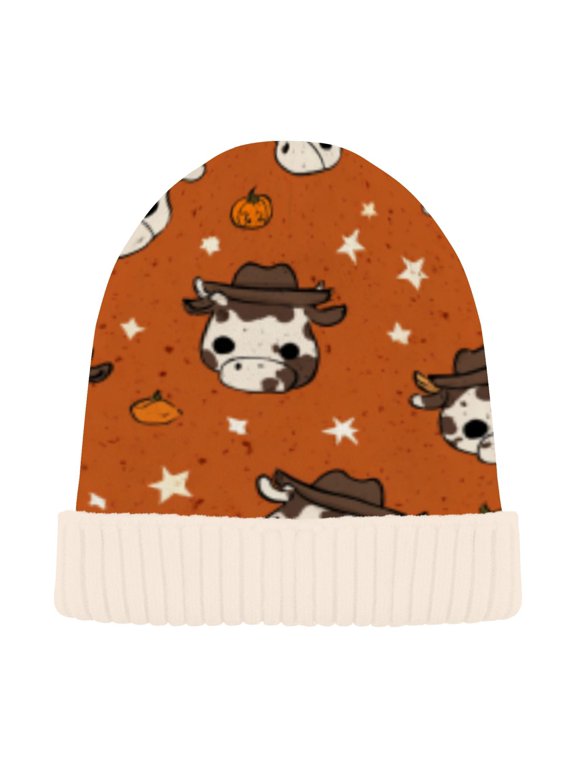 Winter Beanie Hats Casual Warm Cozy CapCowboy Cattle on Rust Pattern