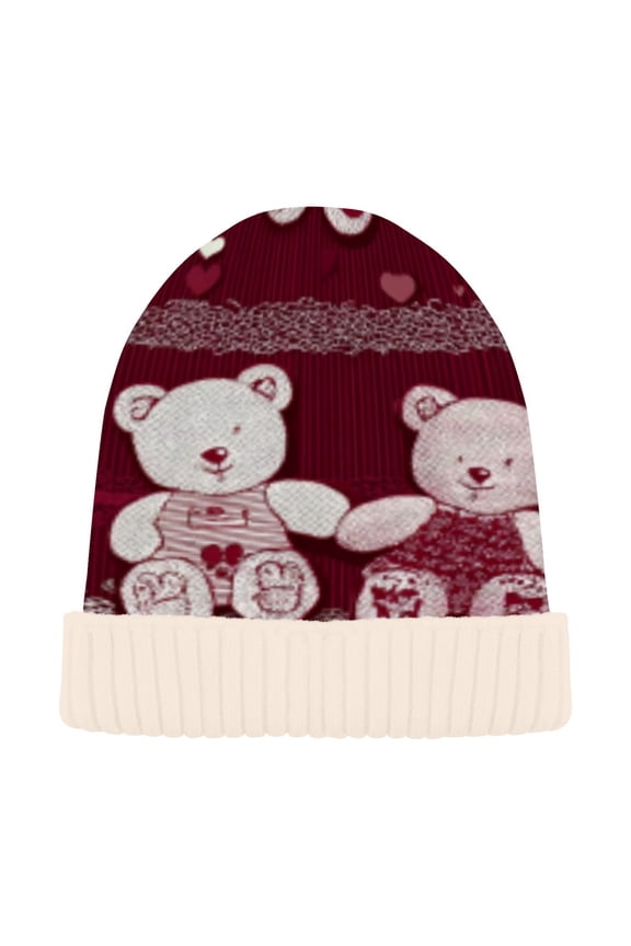 Winter Beanie Hats Casual Warm Cozy CapCrimson Teddy Bear Jubilee Pattern