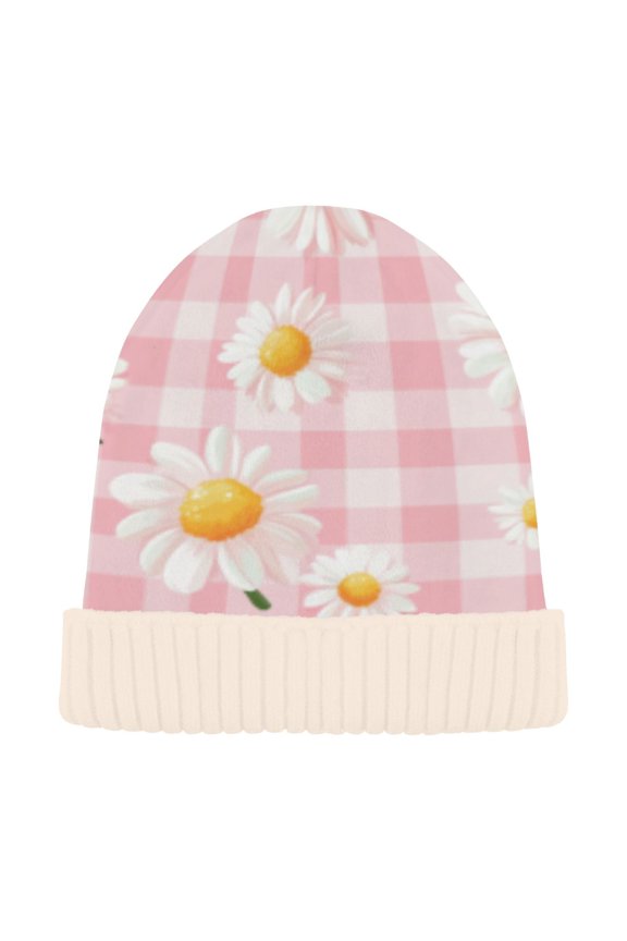 Winter Beanie Hats Casual Warm Cozy CapDaisies on Pink Gingham Pattern