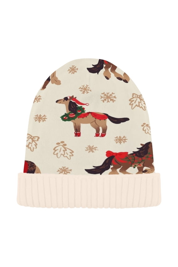 Winter Beanie Hats Casual Warm Cozy CapFestive Pony Parade Pattern