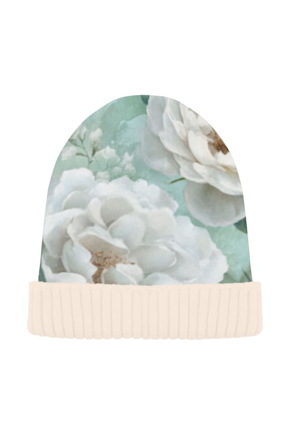 Winter Beanie Hats Casual Warm Cozy CapGraceful White Roses Pattern