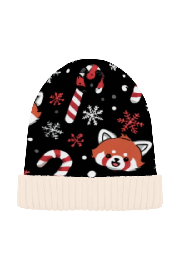 Winter Beanie Hats Casual Warm Cozy CapRed Panda's Festive Frost Pattern