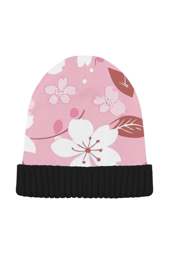 Winter Beanie Hats Warm Cozy Cap Blossoming Pink Petals Pattern