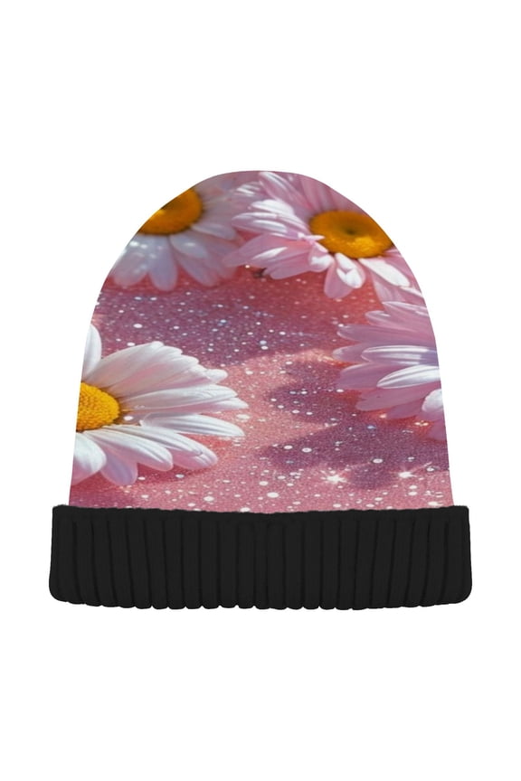 Winter Beanie Hats Warm Cozy Cap Daisies in Sparkling Dew Pattern