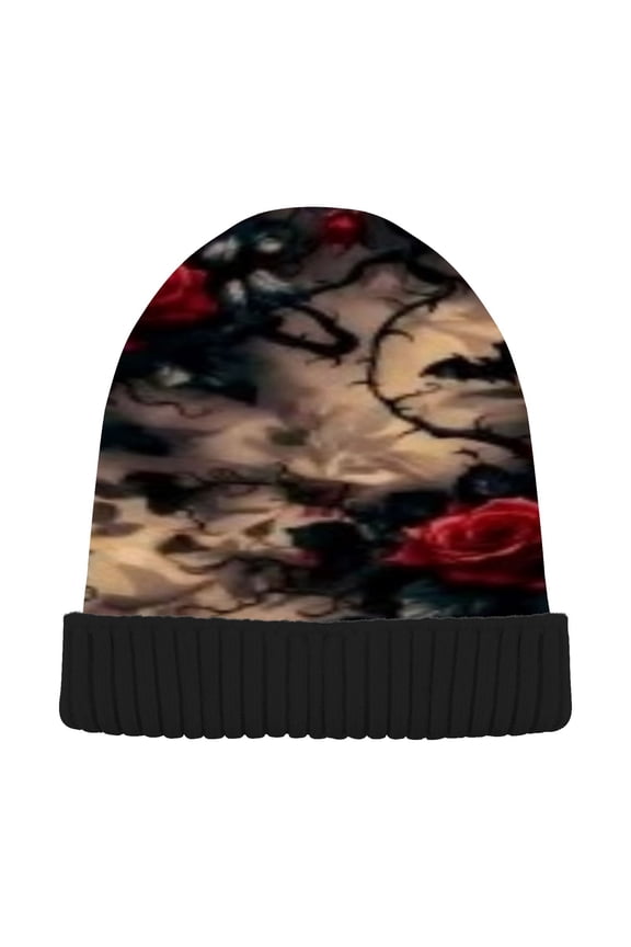 Winter Beanie Hats Warm Cozy Cap Dark Roses Pattern