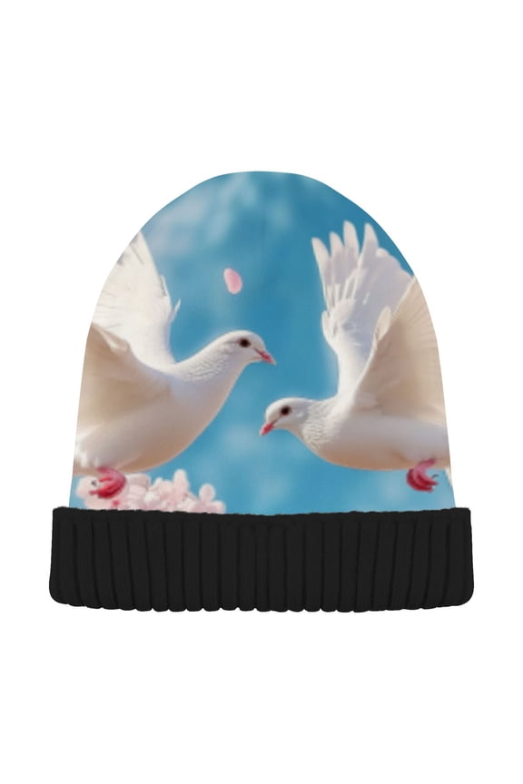 Winter Beanie Hats Warm Cozy Cap Doves in Blossom Pattern