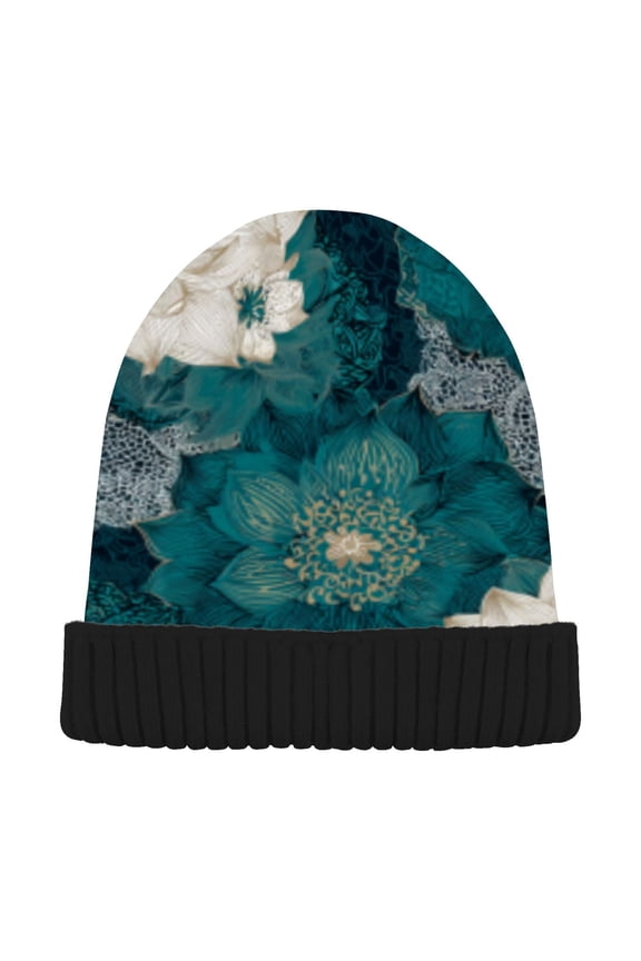 Winter Beanie Hats Warm Cozy Cap Elegant White Roses Pattern