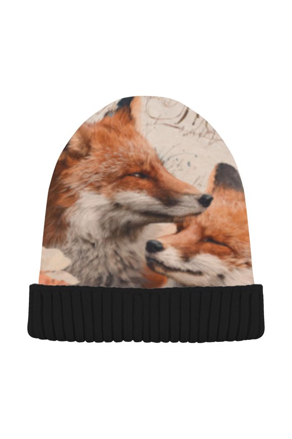 Winter Beanie Hats Warm Cozy Cap Foxes in Floral Frame Pattern