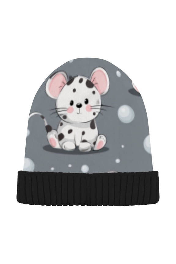 Winter Beanie Hats Warm Cozy Cap Frosty Mouse Snow Globe Scene Pattern