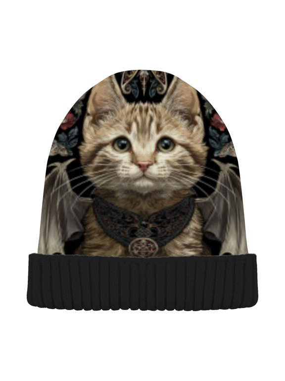 Winter Beanie Hats Warm Cozy Cap Gothic Winged Kitten Pattern