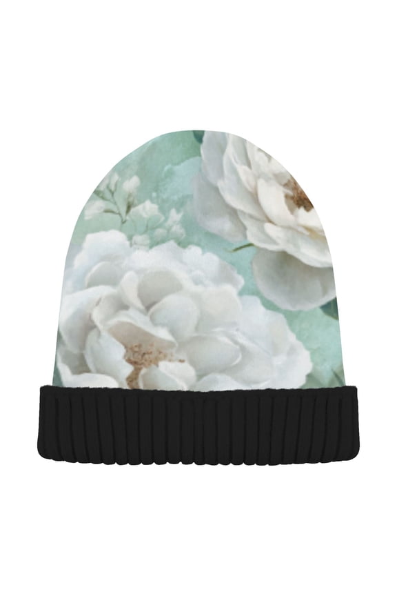 Winter Beanie Hats Warm Cozy Cap Graceful White Roses Pattern
