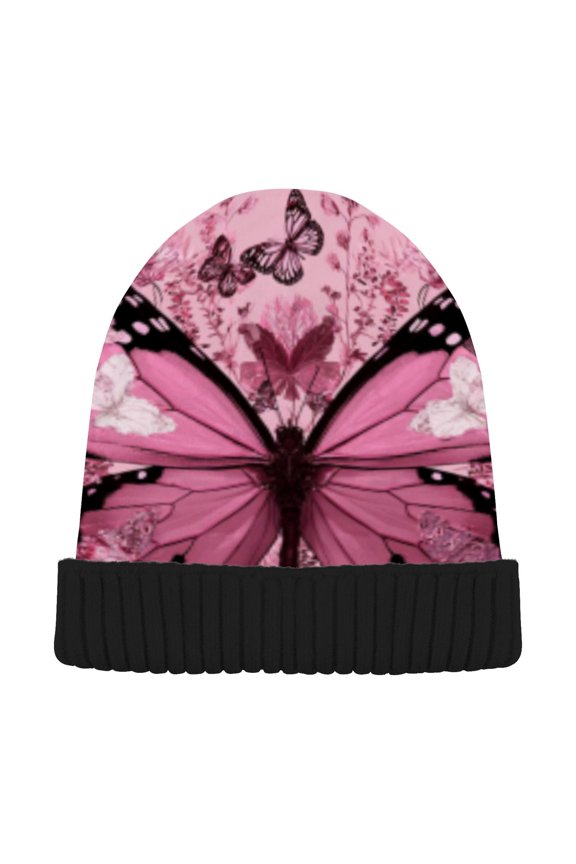 Winter Beanie Hats Warm Cozy Cap Pink Butterfly Heart Pattern