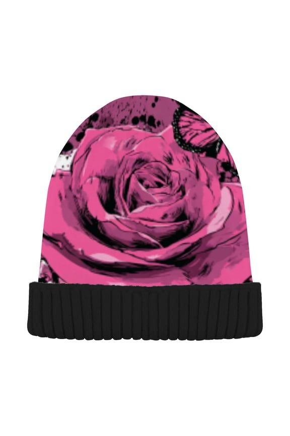 Winter Beanie Hats Warm Cozy Cap Pink Rose Butterfly Pattern