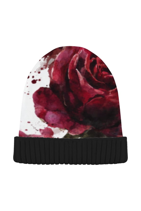 Winter Beanie Hats Warm Cozy Cap Red Roses Splash Pattern