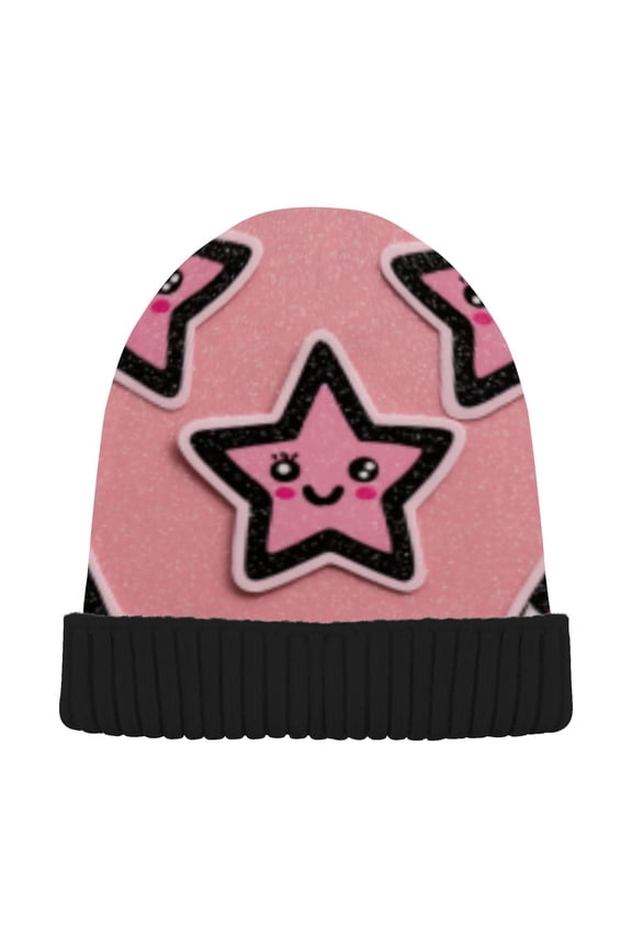 Winter Beanie Hats Warm Cozy Cap Starry Pink Smiles Pattern