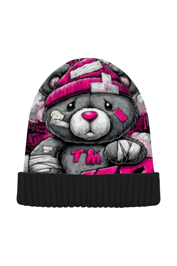 Winter Beanie Hats Warm Cozy Cap Thinking Bear Pattern