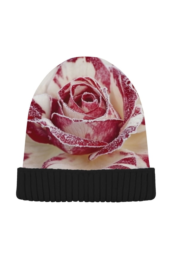 Winter Beanie Hats Warm Cozy Cap Rose with Frosted Petals Pattern