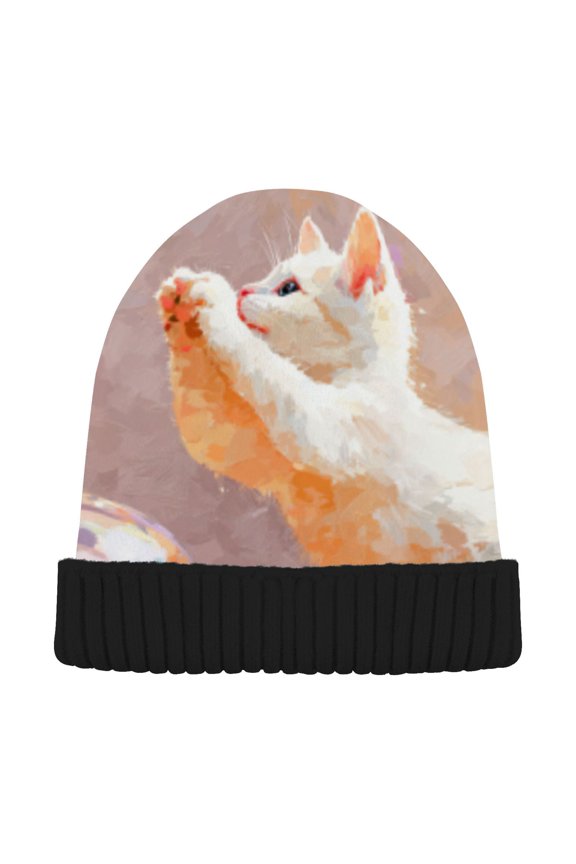 Winter Beanie Hats Warm Cozy Cap White Kitten & Orb Pattern