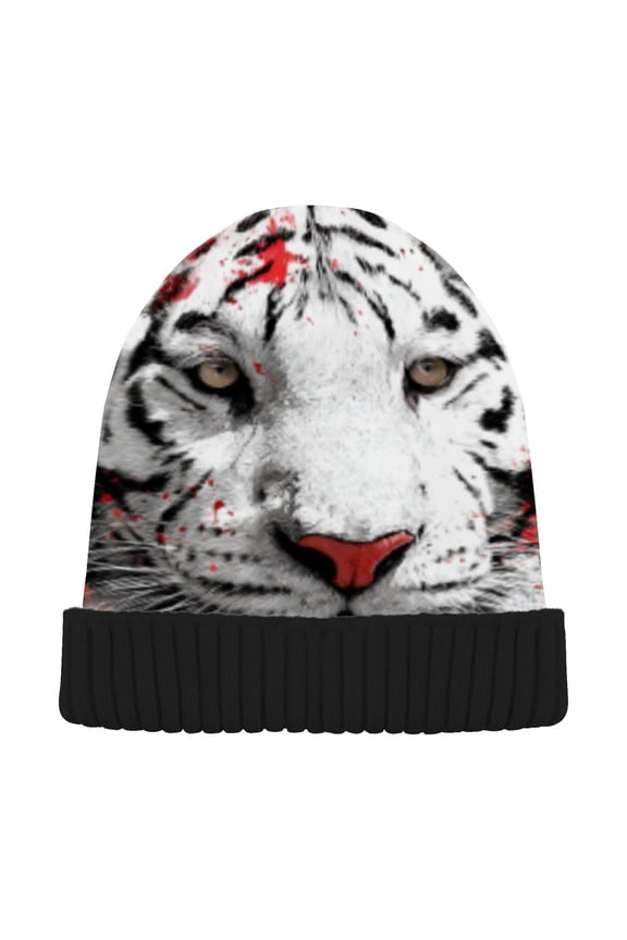 Winter Beanie Hats Warm Cozy Cap White Tiger Pattern