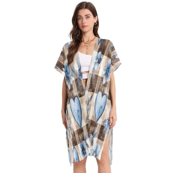 BZSMCE Women Creatively Blue Floral Hearts on Check Print Beach Cover-ups Size:S-2XL