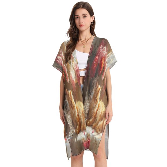 BZSMCE Women Creatively Cat Resting Near Flowers Print Beach Cover-ups Size:S-2XL