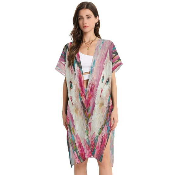 BZSMCE Women Creatively Cat Surrounded by Rose Print Beach Cover-ups Size:S-2XL