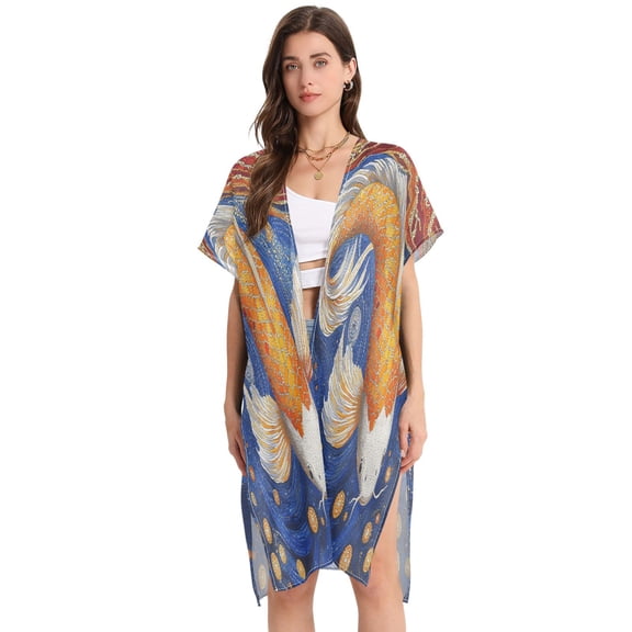 BZSMCE Women Creatively Cosmic Koi Print Beach Cover-ups Size:S-2XL