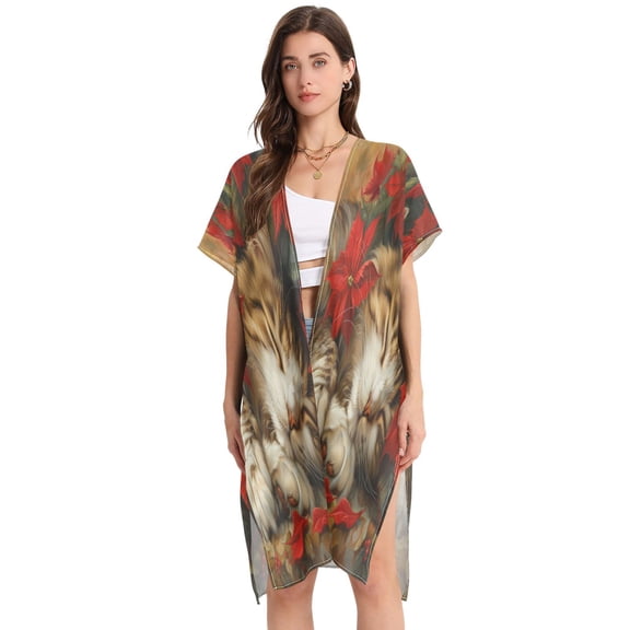 BZSMCE Women Creatively Dreamy Tabby Nestled in Poinsettias Print Beach Cover-ups Size:S-2XL