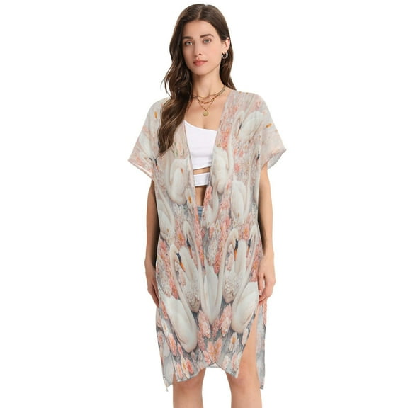 BZSMCE Women Creatively Elegant Swans in Blossom Paradise Print Beach Cover-ups Size:S-2XL