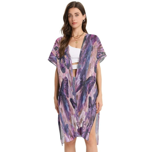 BZSMCE Women Creatively Enchanting Butterflies in Bloom Print Beach Cover-ups Size:S-2XL