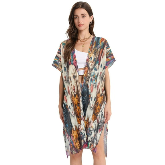 BZSMCE Women Creatively Feline and Canine Friends Print Beach Cover-ups Size:S-2XL