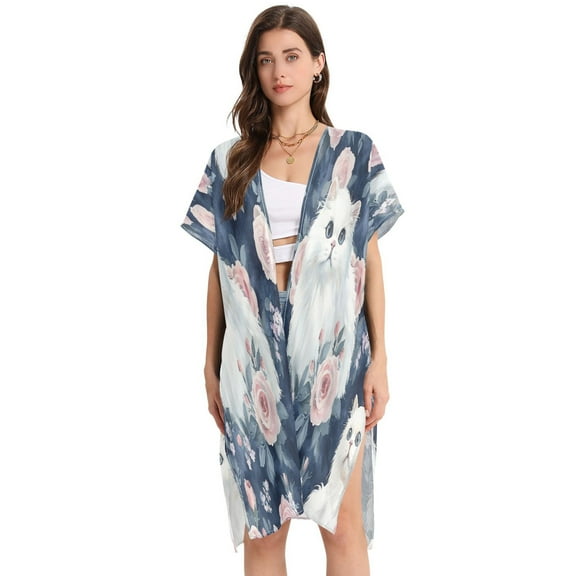 BZSMCE Women Creatively Floral Felines Print Beach Cover-ups Size:S-2XL